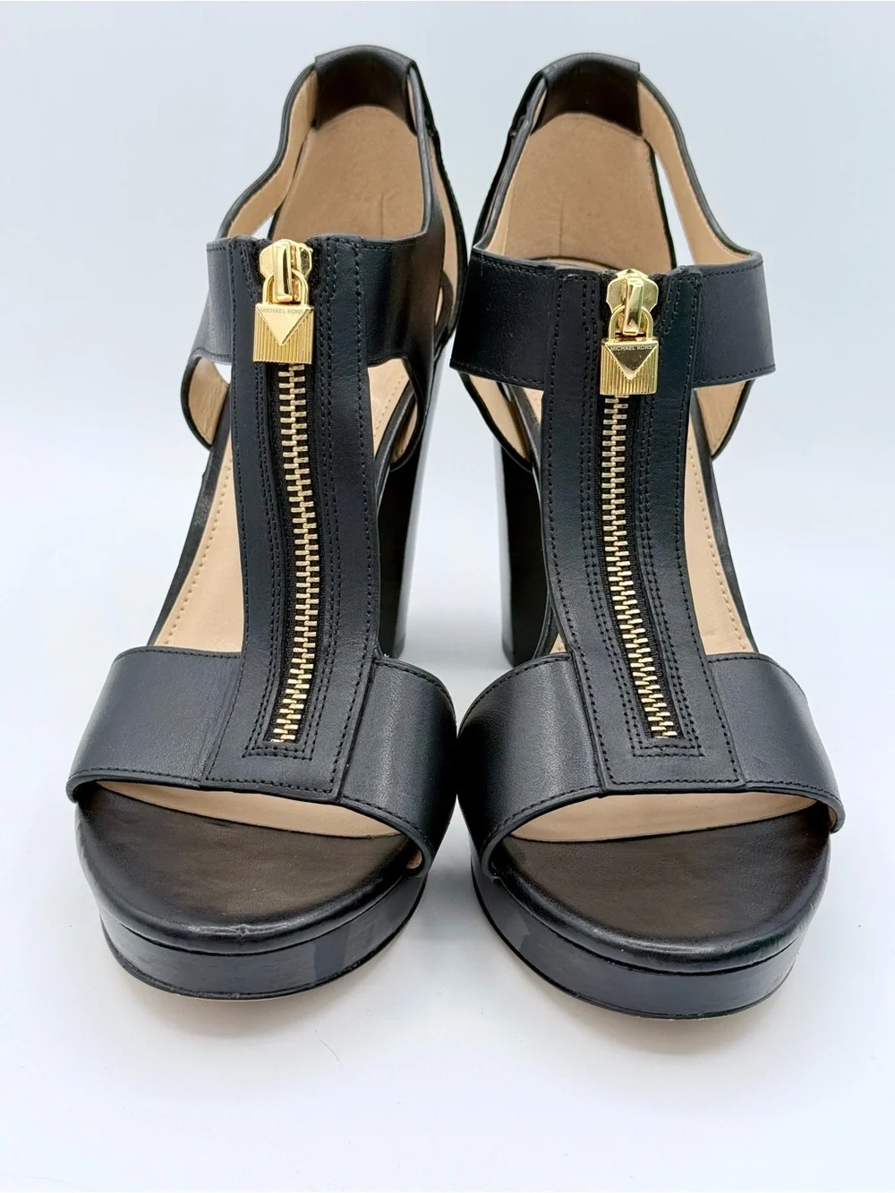 Michael Kors Berkley Black Leather Platform Sandals Zip Front 8M